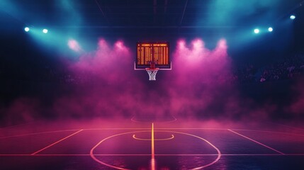 Wall Mural - Empty basketball court with pink and blue lighting.