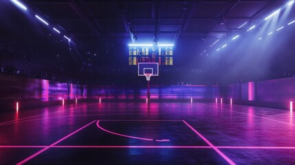Wall Mural - Empty basketball court with pink neon lights.