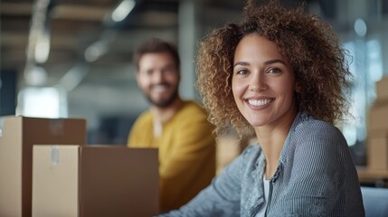 Happy woman smiling at work in a warehouse with boxes and a colleague in the background.