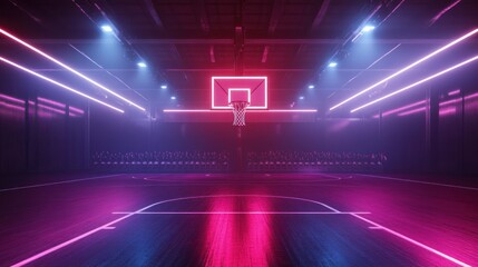 Wall Mural - Neon lights illuminate a basketball court with a row of chairs in the background.