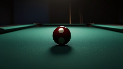 Wall Mural - A single red billiard ball with two white dots sits in the middle of a green felt pool table.