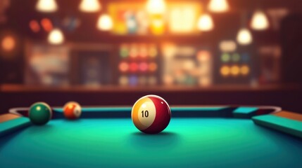 Wall Mural - A pool ball numbered ten rests on a green felt pool table in a dimly lit bar.