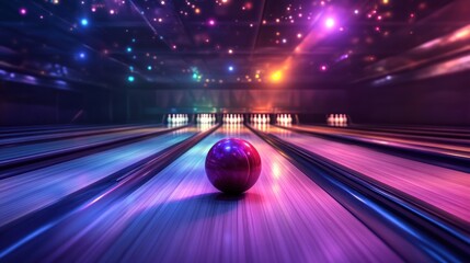 Wall Mural - purple bowling ball on a lane with colorful lights in the background.