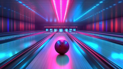Wall Mural - a bowling ball sits on a lane in a brightly lit bowling alley. the lane is illuminated by blue and p