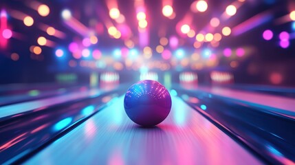 Wall Mural - a single blue bowling ball sits on a glowing lane in a neon-lit bowling alley.