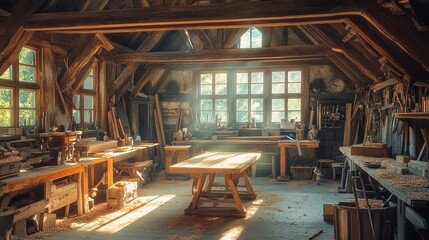 carpentry shop with various tools and a wooden table