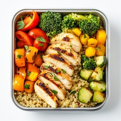 Sticker - Healthy meal prep with grilled chicken and vibrant veggies. This colorful food box features quinoa, broccoli, and fresh tomatoes. Perfect for diet planning. Enjoy nutritious and balanced eating. AI