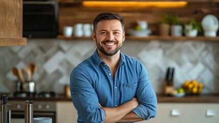 smiling man in blue shirt standing in modern kitchen happy domestic lifestyle portrait