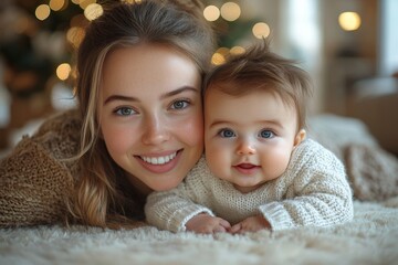 Beautiful young mother and her adorable little baby in warm knitted hats and scarves on the background of the Christmas tree