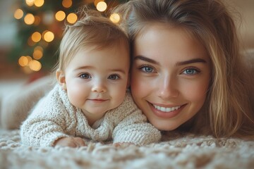 Beautiful young mother and her adorable little baby in warm knitted hats and scarves on the background of the Christmas tree