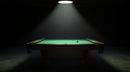 Wall Mural - A single pool ball rests on the green felt of a pool table, lit by a spotlight from above, in a dark room.
