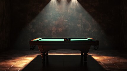 Wall Mural - A green felt pool table sits alone in a dark room with a spotlight overhead.
