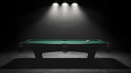 Wall Mural - A single billiard ball rests on a green felt pool table, illuminated by overhead lights in a dark room.