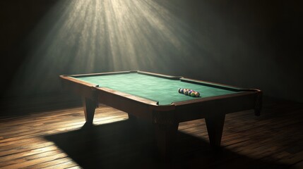 Wall Mural - A pool table with billiard balls in a dark room with a spotlight.