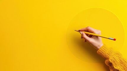 Wall Mural - yellow background with hand holding a yellow pencil and drawing a circle on the yellow background.