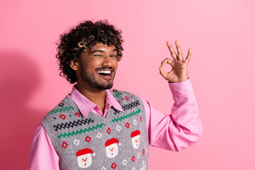 Sticker - Photo of nice young man eye wink show okey symbol wear x-mas christmas vest isolated on pink color background