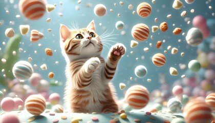 Wall Mural - Playful Cat Chasing Floating Treats in a Whimsical 3D Digital Landscape