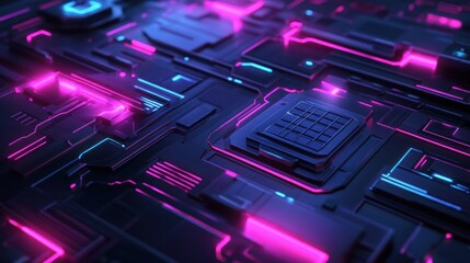 Wall Mural - Abstract 3D Futuristic Tech Background with Pink and Blue Neon Lights.