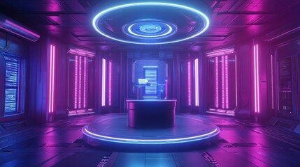 Wall Mural - futuristic sci-fi room with neon lights and platform.
