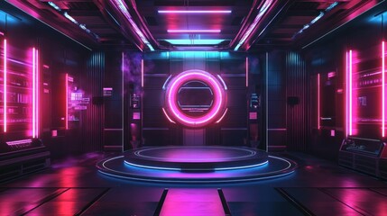Wall Mural - Futuristic stage with glowing neon lights.
