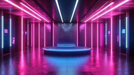 Wall Mural - futuristic cyberpunk room with blue and pink neon lights.