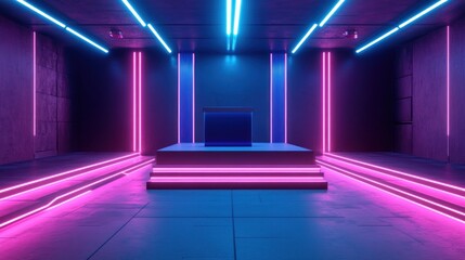 Wall Mural - Empty stage with neon lights in a dark room.