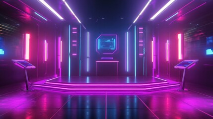 Canvas Print - Futuristic neon lit stage with pink and blue lighting.