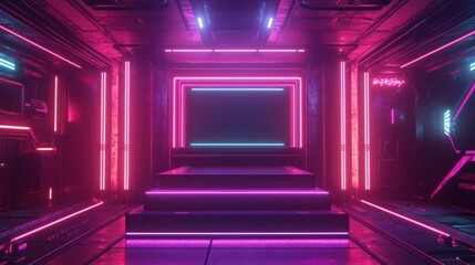 Canvas Print - Futuristic, dark, metallic interior with neon lights, a platform and glowing lines.