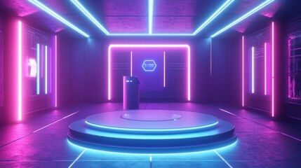 Wall Mural - Futuristic room with a circular platform and neon lights.