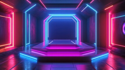 Wall Mural - futuristic neon room with a platform and glowing blue and pink lights.