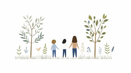 Wall Mural - Joyful Family Strolling Together Through a Lush, Green Forest Path, Embracing Nature and Quality Time in a Serene Outdoor Setting