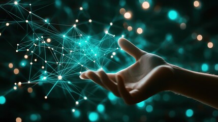 Poster - hand holding abstract network of connected dots, abstract technology concept.