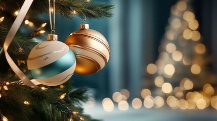 Vintage-style Christmas balls with antique finishes, hanging from a classic holiday tree decorated with ribbons and lights.