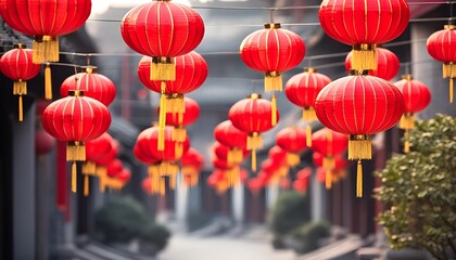 Wall Mural - Festive banner featuring red Chinese lanterns perfect for personalized messages during the Mid Autumn Festival celebration