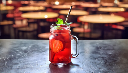 Mocktail in a glass jar on black gradient restaurant background