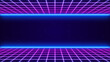 © ZETHA_WORK - 3D Synthwave terrain landscape, digital blue purple glow cyberspace laser neon grid floor perspective, abstract futuristic retrowave poster design, 80s retro night arcade game tech style background