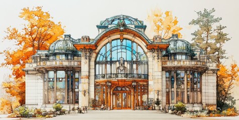 A grand architectural marvel blending classical and modern design, with intricate glass domes and ornate detailing. Surrounded by vibrant autumn foliage, this structure stands as a gateway to elegance