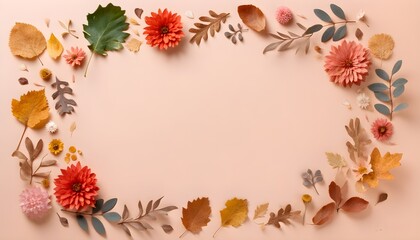 Wall Mural - Autumnal frame of dry leaves and flowers on soft pastel background, showcasing natures beauty with ample copy space