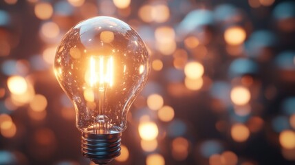 Wall Mural - a single glowing lightbulb with warm bokeh in the background.