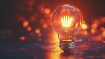 Canvas Print - a single light bulb shines brightly, illuminating the background with warm, blurry lights.