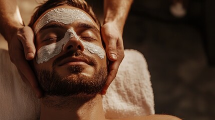 Man with face mask during spa treatment.