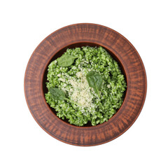 Poster - Delicious spinach risotto with parmesan cheese isolated on white, top view