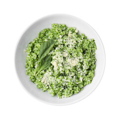 Sticker - Delicious spinach risotto with parmesan cheese isolated on white, top view