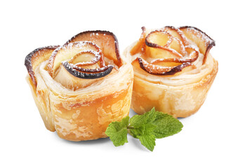 Sticker - Freshly baked apple roses with mint isolated on white. Puff pastry