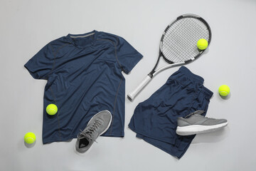 Canvas Print - Tennis racket, balls and sportswear on light background, flat lay