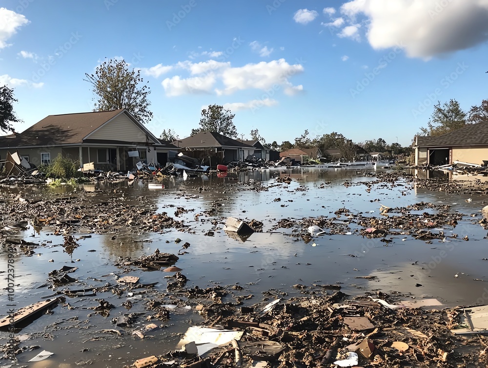 Aftermath of a natural disaster, with flooded streets and debris ...