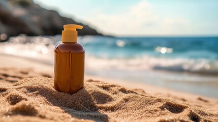 A bottle of sun cream in the sand on a beach.