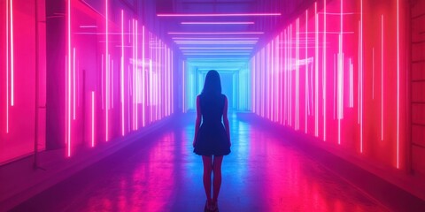 a woman walking down a long corridor with neon lights