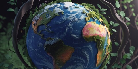 Wall Mural - A photo of the Earth as a living, thriving ecosystem. The globe is portrayed as a dynamic, organic sphere, with lush greenery and vibrant
plant life covering its surface.
