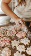 Sticker - A woman sprinkles icing on a tray of cookies